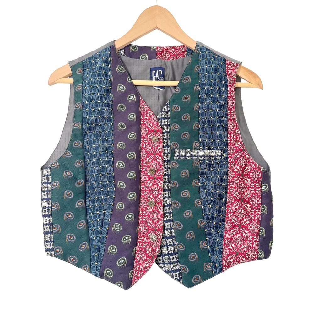 GAP Vintage 90s Patchwork‎ Upcycled Tie Vest Eclectic Multi-Color CA 17897